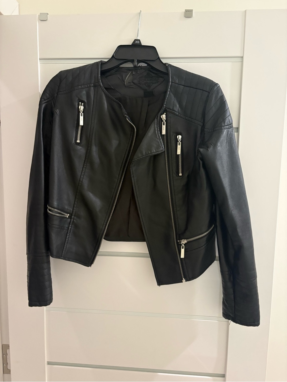 Jou Jou Black Faux Leather Moto Jacket with Silver Zippers
